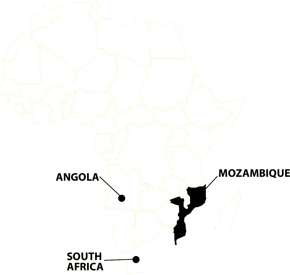 Map of Africa marking Mozambique, Angola and South Africa